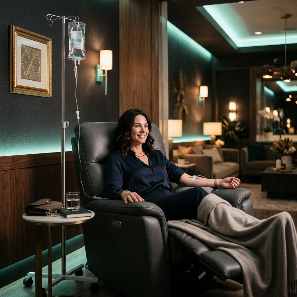 A relaxed woman receiving luxury IV therapy infusion in EverVive Health's boutique clinic suite
